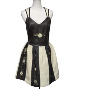 Sonia Dress Womens Small Medium Brown Cream Leather Bodice Floral Lace Panels‎